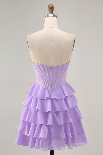 Strapless Purple Tiered Corset A Line Short Homecoming Dress